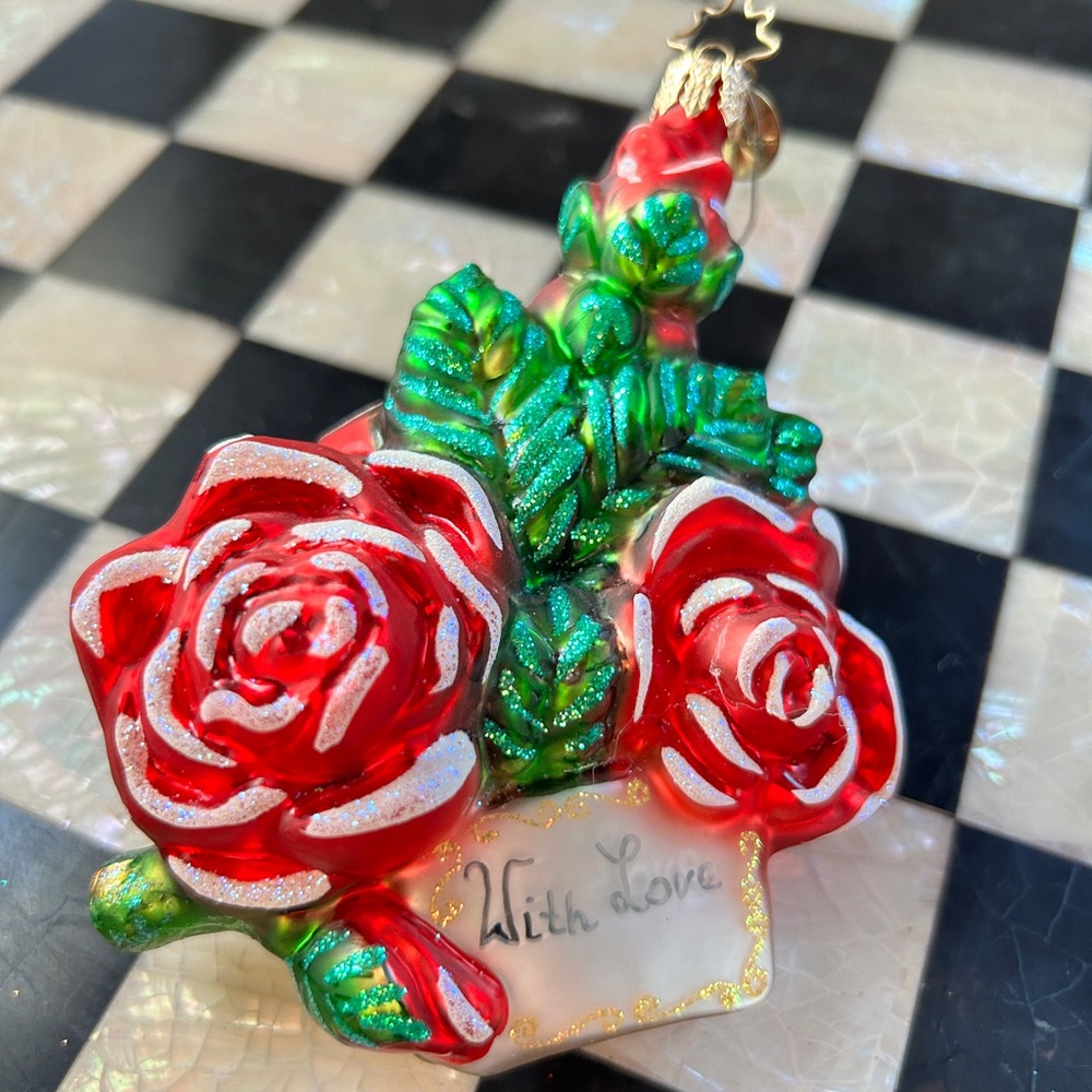 Christopher Radko Red and Green Ornament with Roses